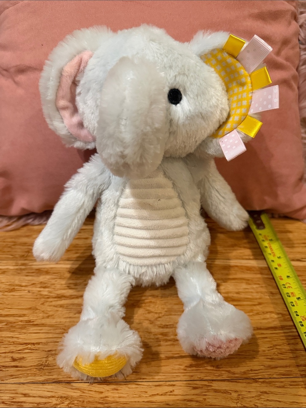Plush Light Gray Elephant Stuffed Animal with Pink & Yellow Accents